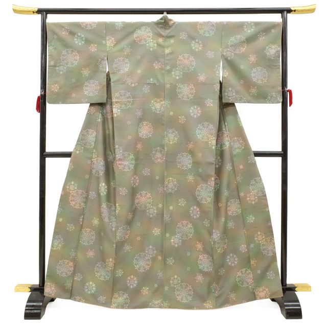 新古品 紬 着物 正絹 復刻 上代紬 京都 西陣 京要 染め柄 灰緑ぼかし グリーン系 モダン 華文 かわいい お洒落 カジュアル つむぎ 春 秋 冬 仕立て上がり 身丈166 裄丈68.5 Lサイズ みやがわ sb16464