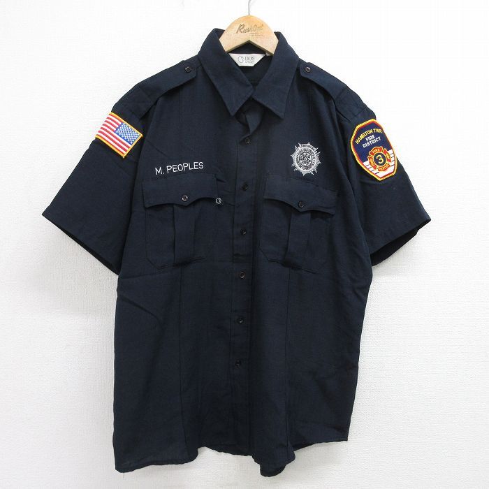 XL/古着 半袖 ワーク シャツ メンズ 消防士 ワッペン ライオンアパレル 黒 ブラック 24jul11 中古 トップス