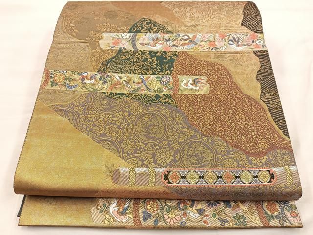袋帯 華鳥紋 唐織 美しい加工 正絹 AO-1447 袋帯 （唐織 華紋 牡丹 橘 七宝 袋帯 着物 114a p）