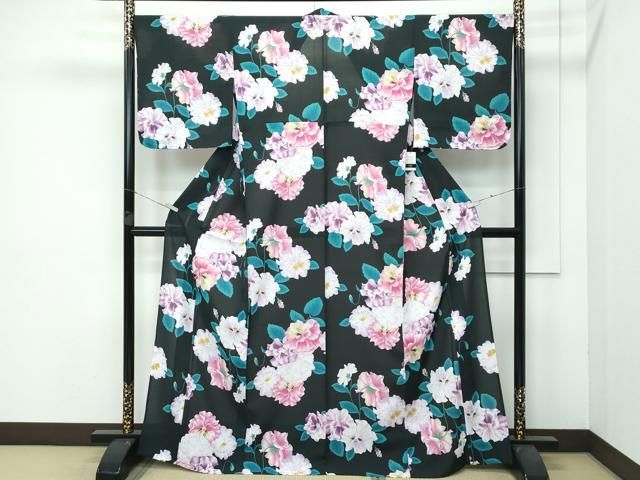 平和屋着物 上 夏物 撫松庵 小紋 浴衣兼用 セオアルファ フリルパンジー 黒地 洗える着物 ♥ CZAA3711s5