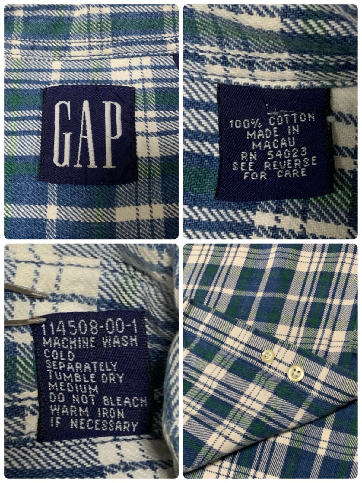 OLD GAP plaid shirt L/S ミニチェック シャツ ブルー古着 GAP】L/S Check Shirt L 90s “OLD GAP” チェックシャツ オープン