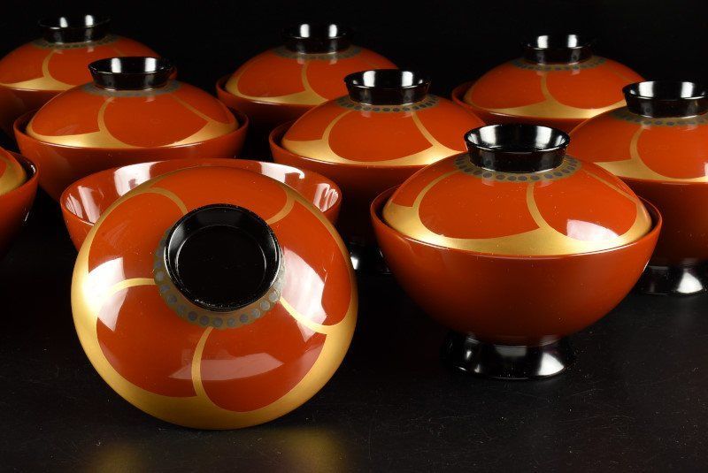 蔵C9303a 輪島塗 布着 朱塗蒔絵 吸物椀 汁椀 十客 共箱