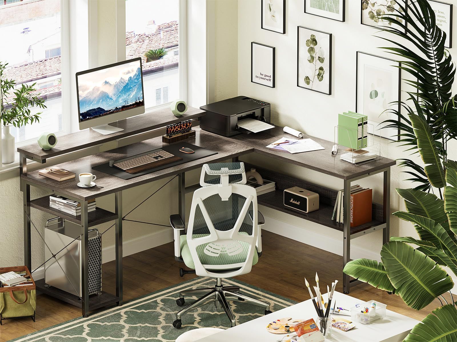 オフィスデスク desk 収納 仕事用 3段階モニター台付き pcデスク 棚付き 在宅勤務 机 l字 組立簡単 デスク ゲーミングデスク 幅155 グレー パソコンデスク ODK NOITHATQUANGTHANH_NET