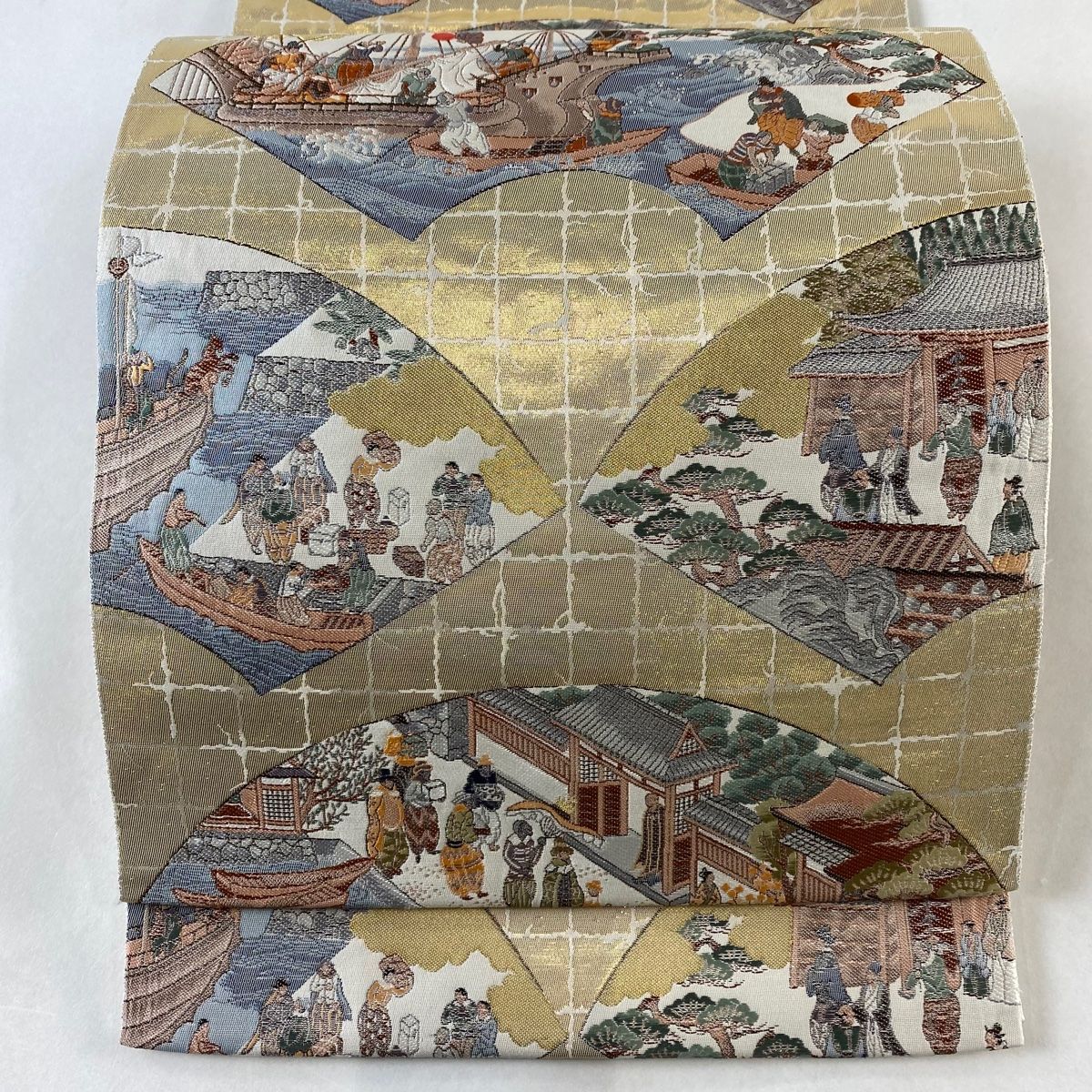 袋帯 秀品 扇面南蛮絵 純金箔 金糸 金色 六通 正絹