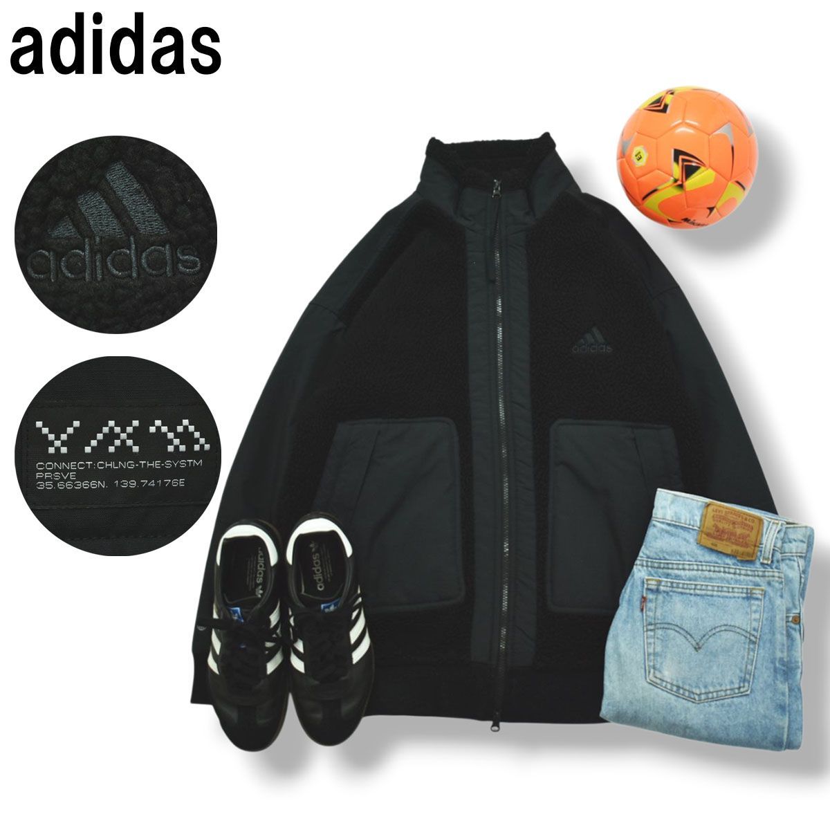 アディダス adidas リップストップ 切替 ボア フリース ジャケット ジップアップ ジャンパー ウィンドブレーカー L ブラック スポーツ カジュアル ウェア メンズ