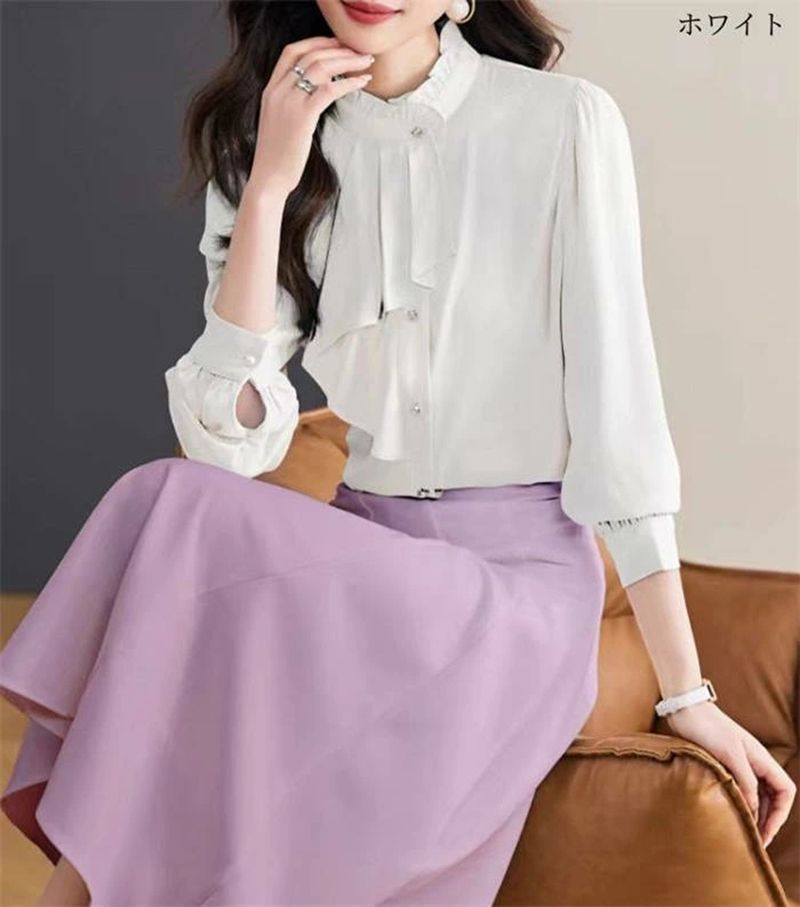 シャツ ブラウス 新作 レディース フリル 長袖 フリルネック アシンメトリー トップス シフォン シャツブラウス 前開き ボタン デザイン感 無地 春 秋 上着