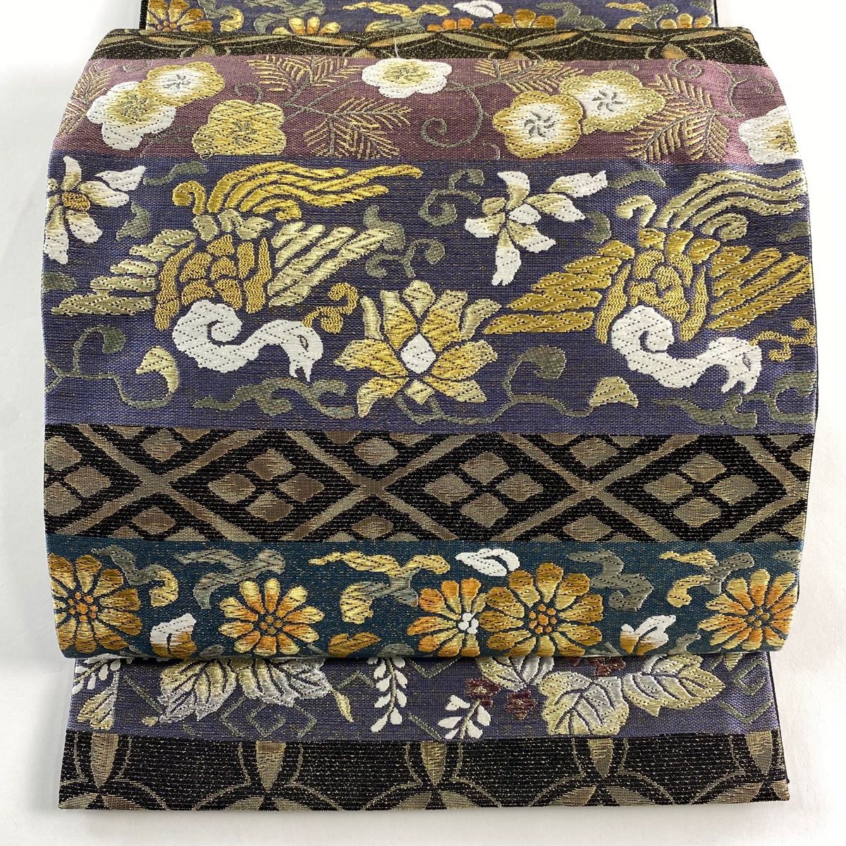 袋帯 名品 鳳凰 草花 金糸 箔 黒 六通 正絹