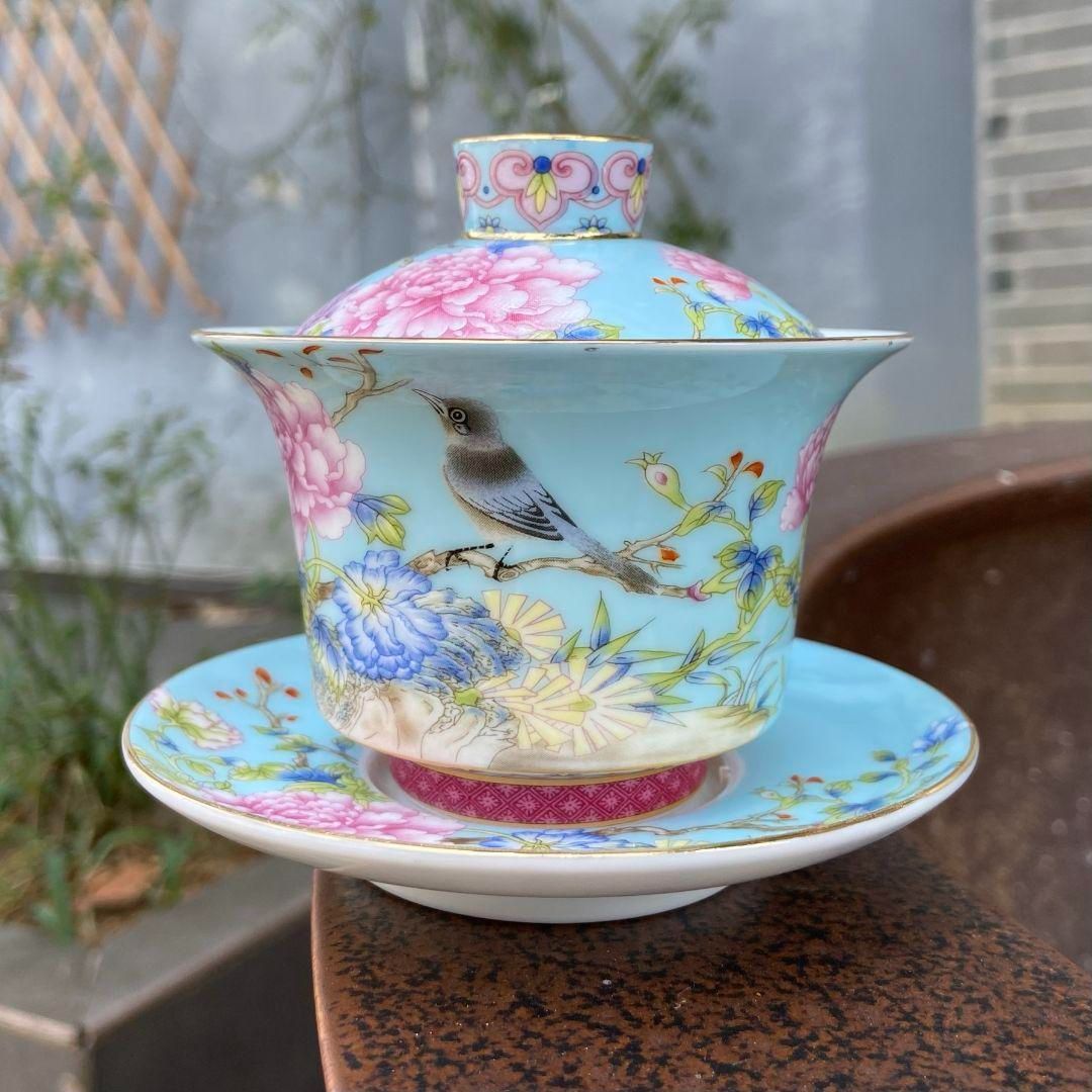 中国茶器 景徳鎮 陶磁器 鳥語花香三才蓋碗 茶碗 煎茶器 新品未使用 景