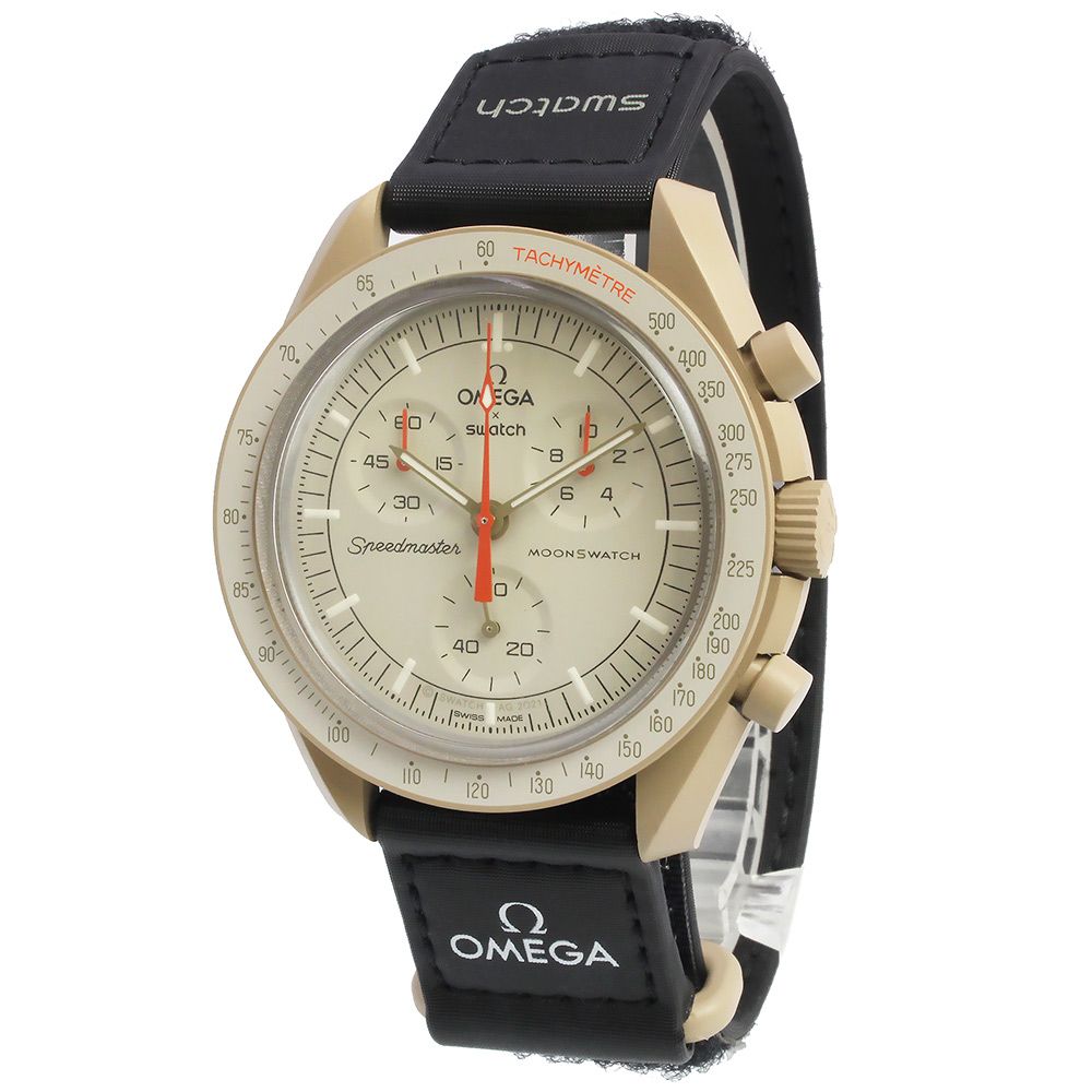 オメガ スウォッチ Swatch ミッション トゥ ジュピター スピードマスター ムーンスウォッチ クロノグラフ クオーツ 腕時計 ナイロン バイオセラミック ベージュ ブラック SO33C100 OMEGA