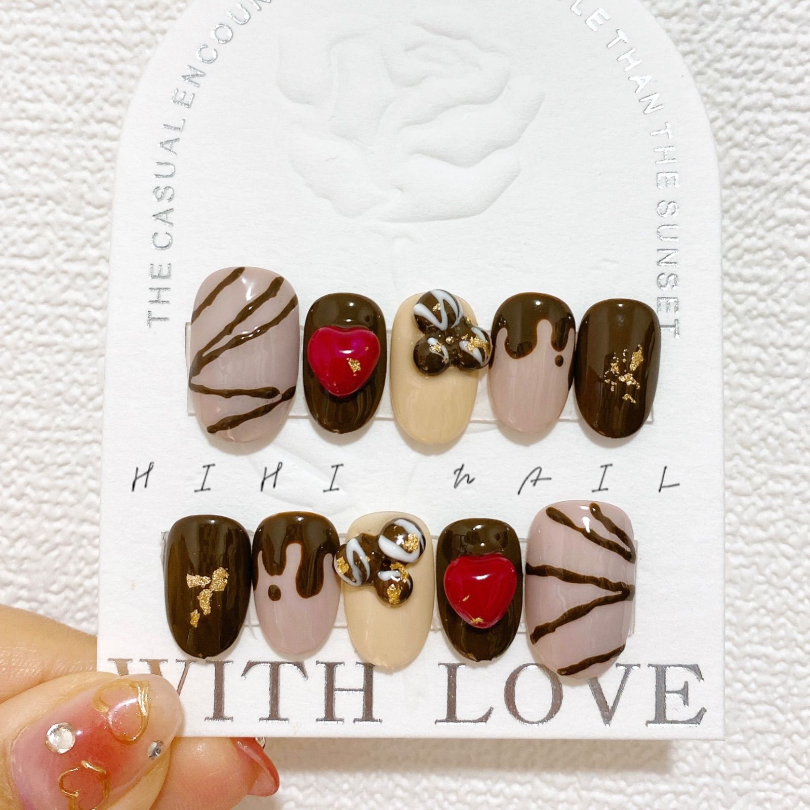 バレンタイン チョコレート ブラウン ハート 赤 ネイルチップ つけ爪 