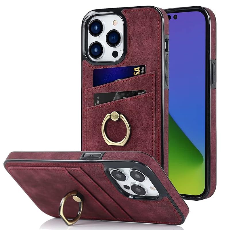 Mcxiancrl iPhone 15 Pro 用 ケース ２枚カード収納 リング付き カバー バンカー アイフォン15 プロ ケース 360度回転 合皮レザー 衝撃吸収 スタンド機能 軽 薄 落下防止 シンプル