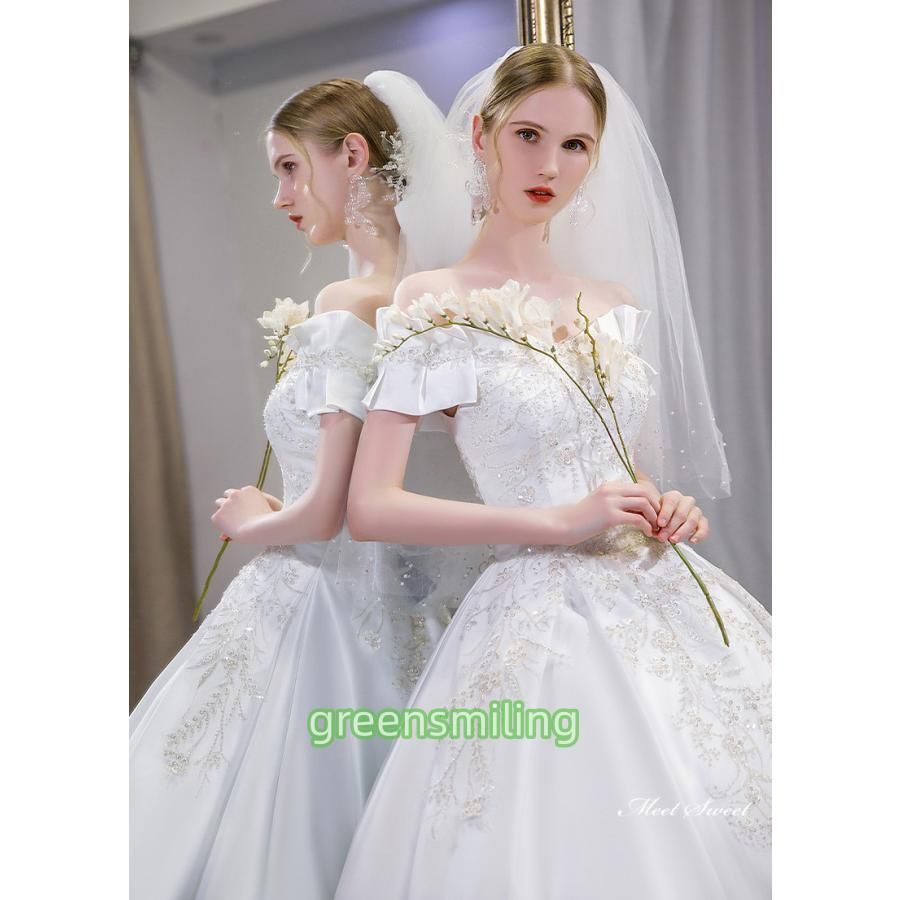 オフショルダー Aラインドレス ホワイト　前撮りドレス ウエディングドレス オフショルダー Aライン 結婚式 前撮り 花嫁 海外