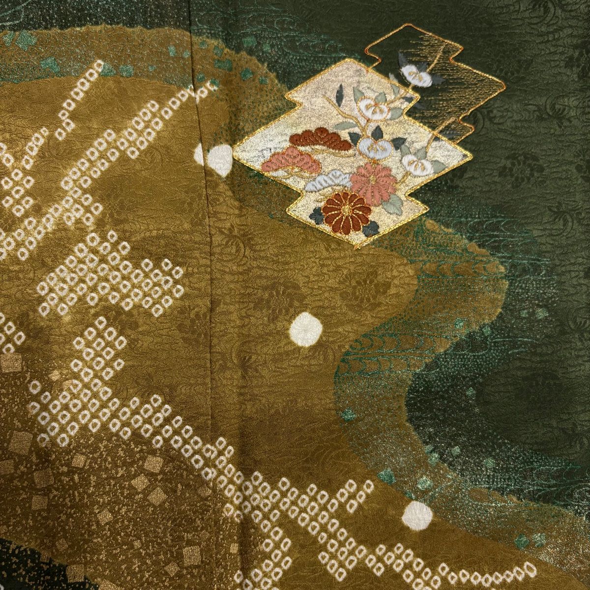 緑色 グラデーション 中国刺繍 訪問着 袷 正絹 付下げ 身丈166.5cm 裄