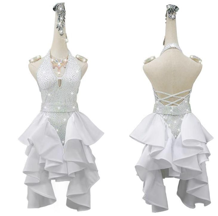 ラテンワンピースドレス オールストーン 社交ダンス衣装 ホワイト