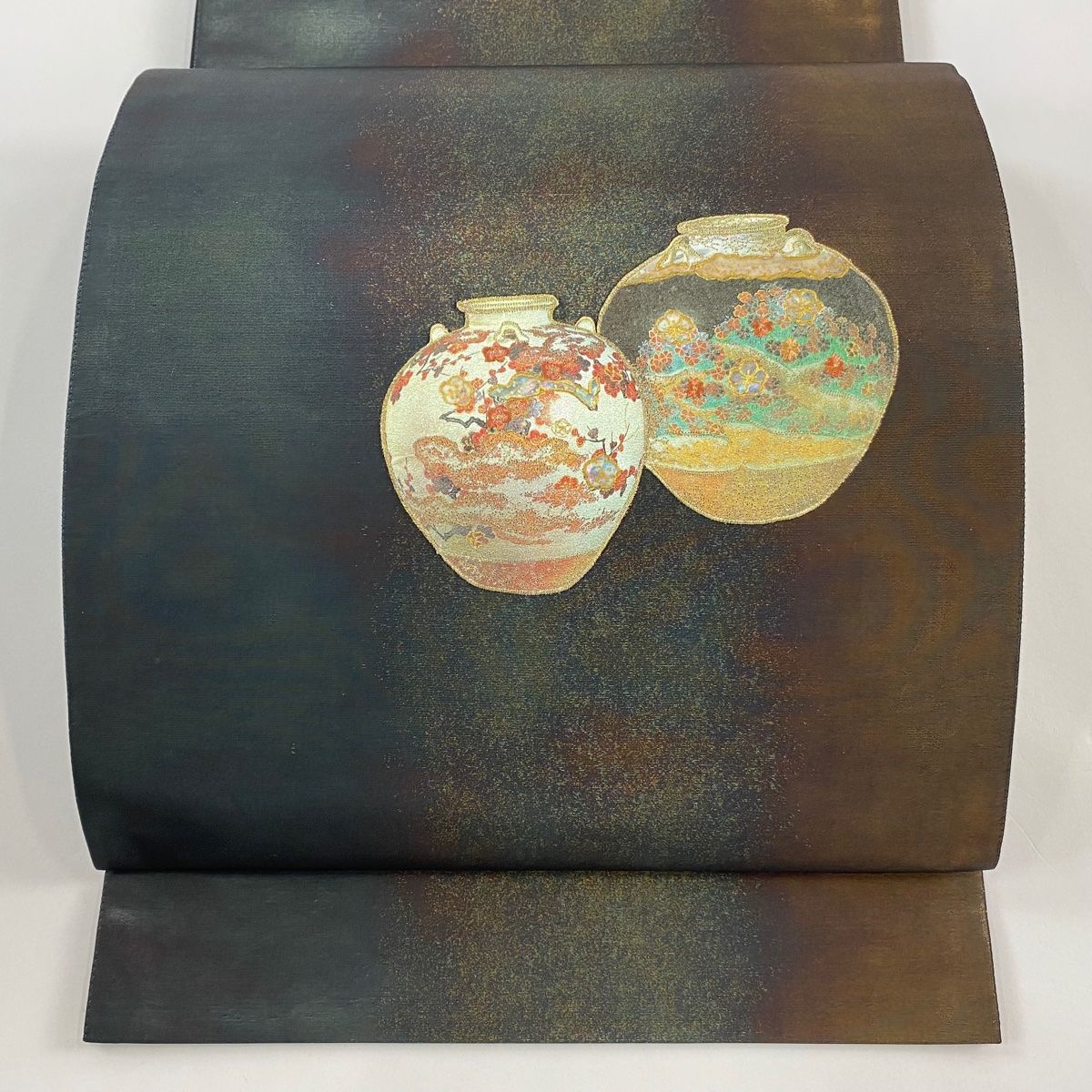 袋帯 秀品 花器 梅 螺鈿 金彩 深緑 お太鼓柄 正絹