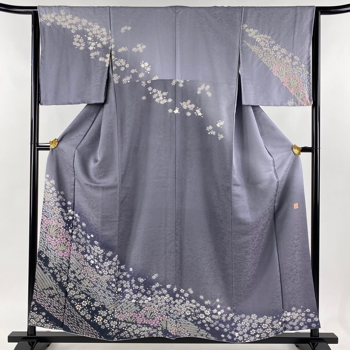 訪問着 身丈156.5cm 裄丈64cm M 袷 落款 草花 絞り 銀通し 灰紫 正絹