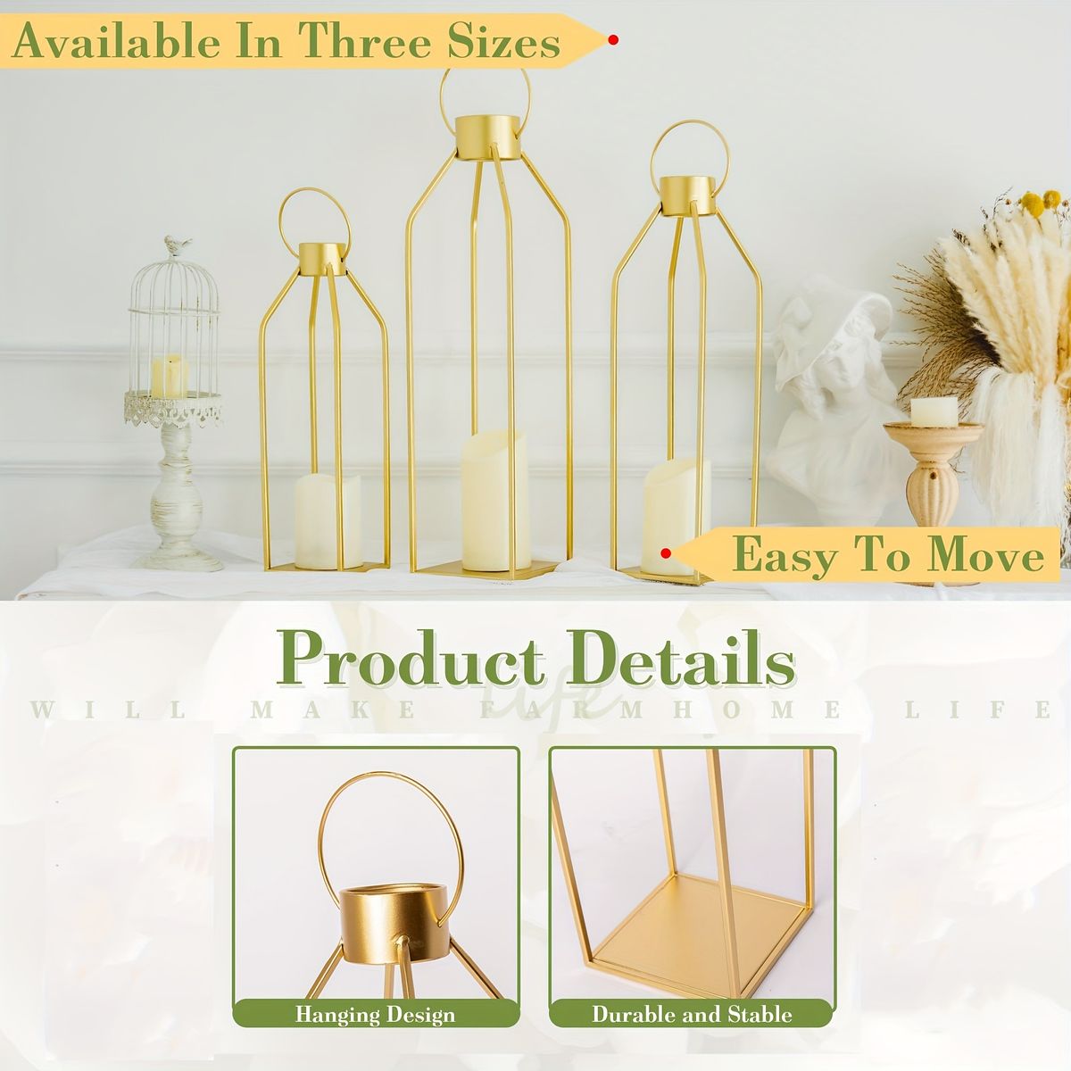 3個セット モダンファームハウス キャンドルランタン ゴールド仕上げ 高さ22インチ 金属製 フロアマウント式 宗教的テーマ インテリア装飾小物 複数 holidays対応 NEXPOTALLINN_EU