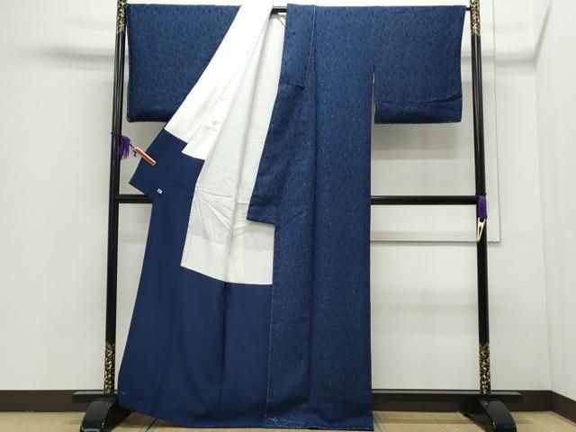 着物★型染小紋　深い青　花鳥　正絹縮緬 平和屋着物○上質な小紋 型染め 藍 風景草木文 正絹 逸品