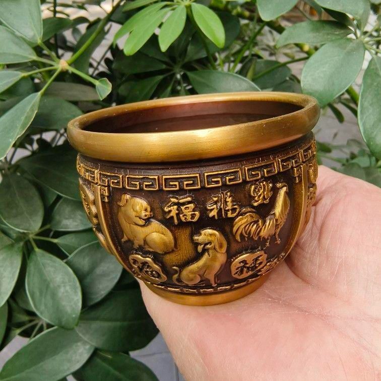 家庭 銅器 浮彫り福字十二支かめ 家庭 客間 茶道 工芸品 置物 kensui