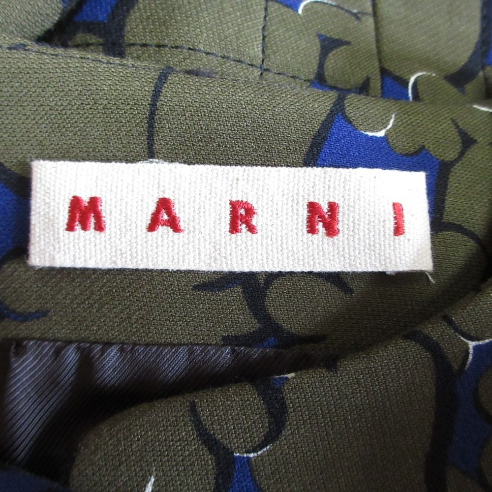 MARNI - 美品 MARNI マルニ ボタニカル柄 総柄 ウール ノーカラーコート 38 カーキ×ネイビー レディース 古着 中古 USED 美品 MARNI マルニ ボタニカル柄 総柄 ウール ノーカラーコート