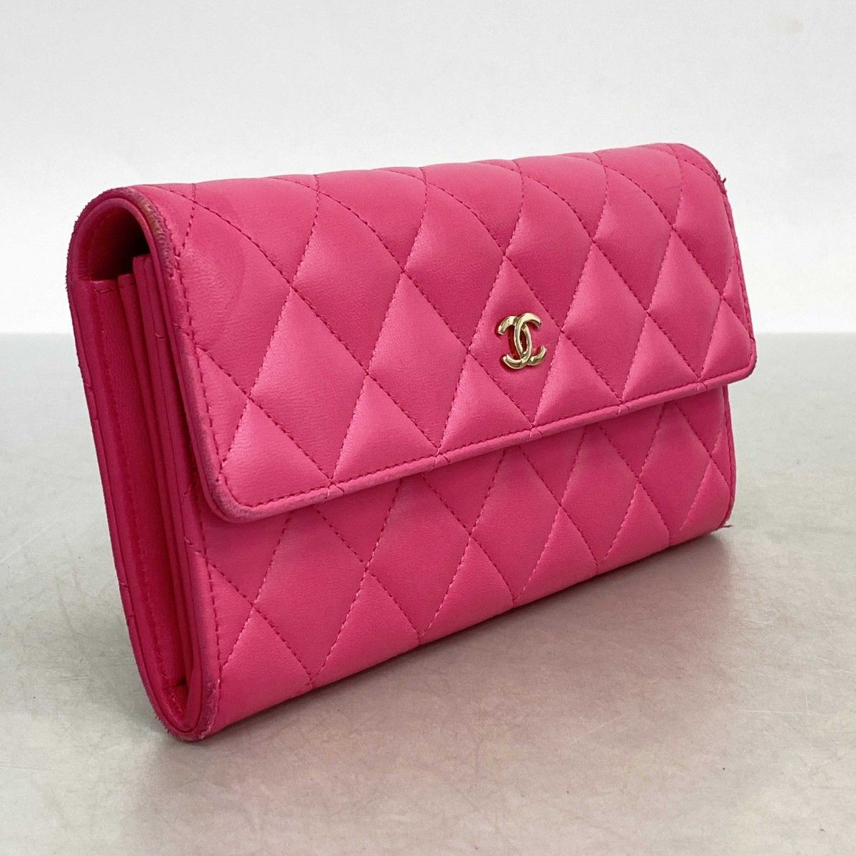 5id4568-h シャネル 長財布 マトラッセ ラムスキン ピンク ゴールド金具 レディース