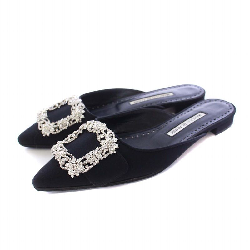 マノロブラニク MANOLO BLAHNIK 刺繍フラワー ミュール ヒール ピンク