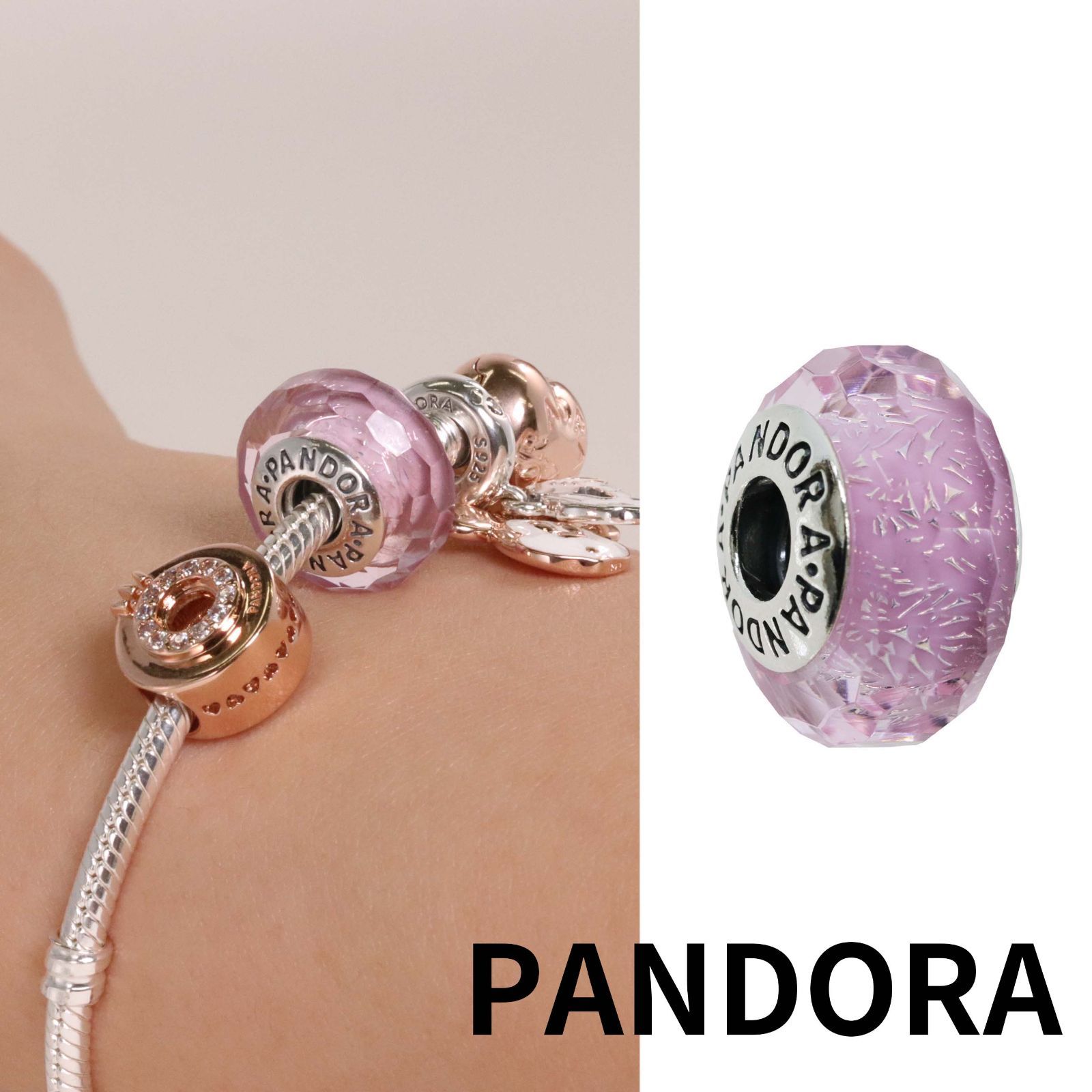 ☆【新品・正規品】ボックス・ショッパー付 PANDORA(パンドラ) ☆フェイステッド ピンク ムラーノガラス チャーム☆ カスタマイズアクセ スターリングシルバー シルバー925  ブレスレット ブランド アクセサリー 東京発送