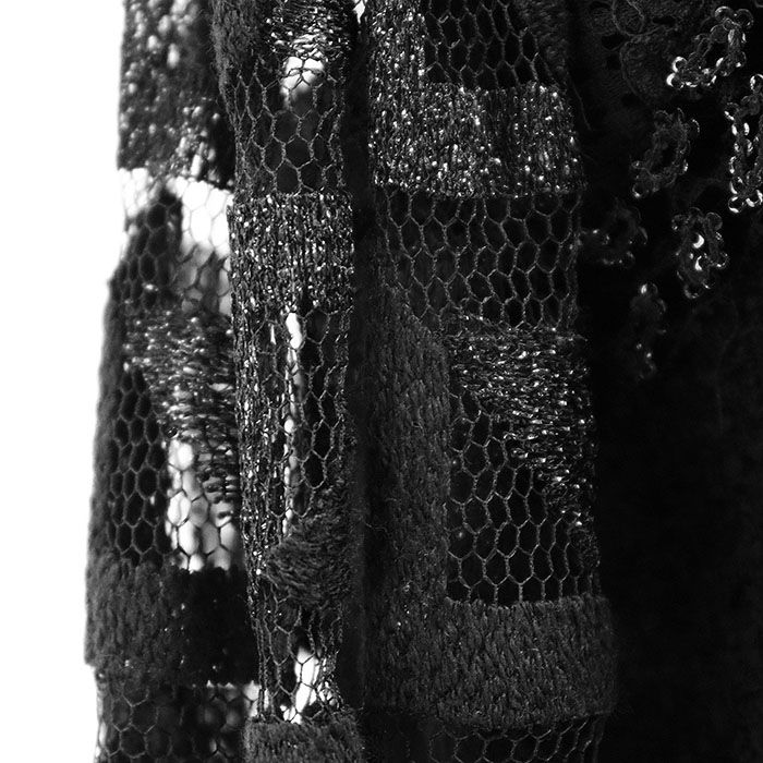 CHANEL シャネル ジャケット ツイード レーススリーブ 09C P34723 2009年製 COCOマーク ロゴ ボタン リボンタイ オープンフロント ビジュー チュール ウール ナイロン レディース 40 ブラック 黒 仏製 カール ラガーフェルド期 GULLKHAN_COM