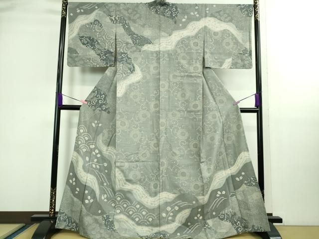 平和屋着物■極上　伝統工芸士　七代目　吉澤与市　赤城紬　訪問着　単衣　絞り　古代菊　やまと誂製　反端付き　逸品　DZAB0138kh5 平和屋着物□極上 伝統工芸士 七代目 吉澤与市 赤城紬 訪問着 単衣