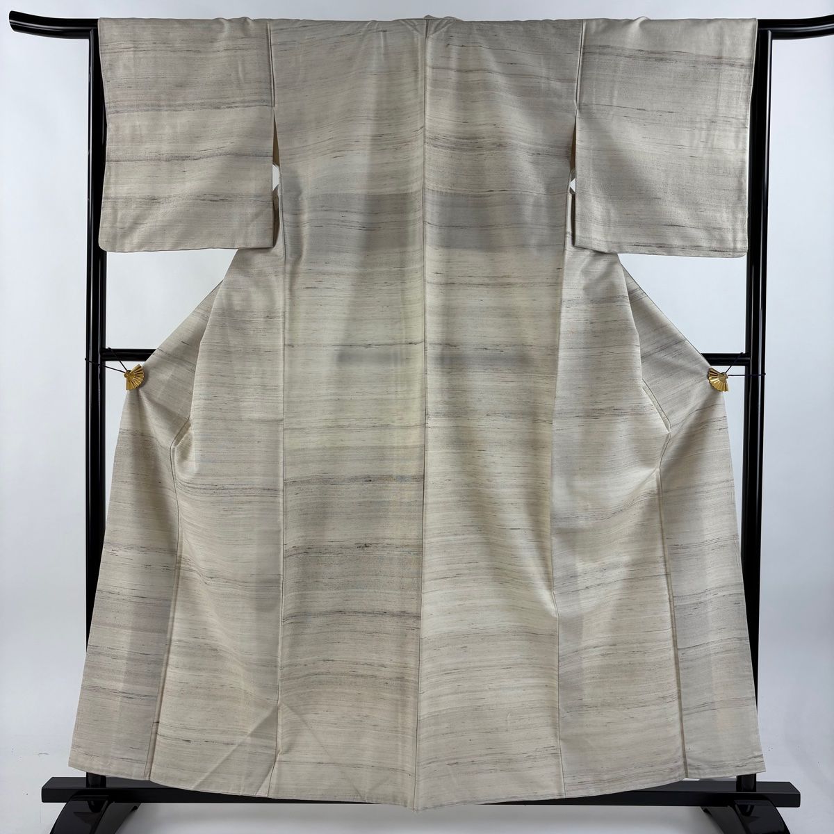 紬 身丈160cm 裄丈65cm M 袷 伝統工芸士 白川貞夫 落款 縞 ベージュ 正絹 名品