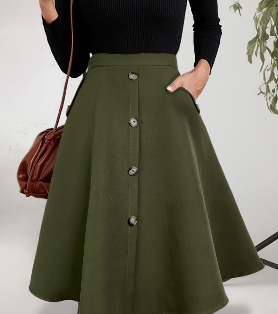 オリーブ フ スカート レディース 秋冬 ロング丈 ミモレ丈 前ボタン ポケット付き 無地 体型カバー ハイウエスト きれいめ カジュアル ウエストマーク 大人ナチュラル