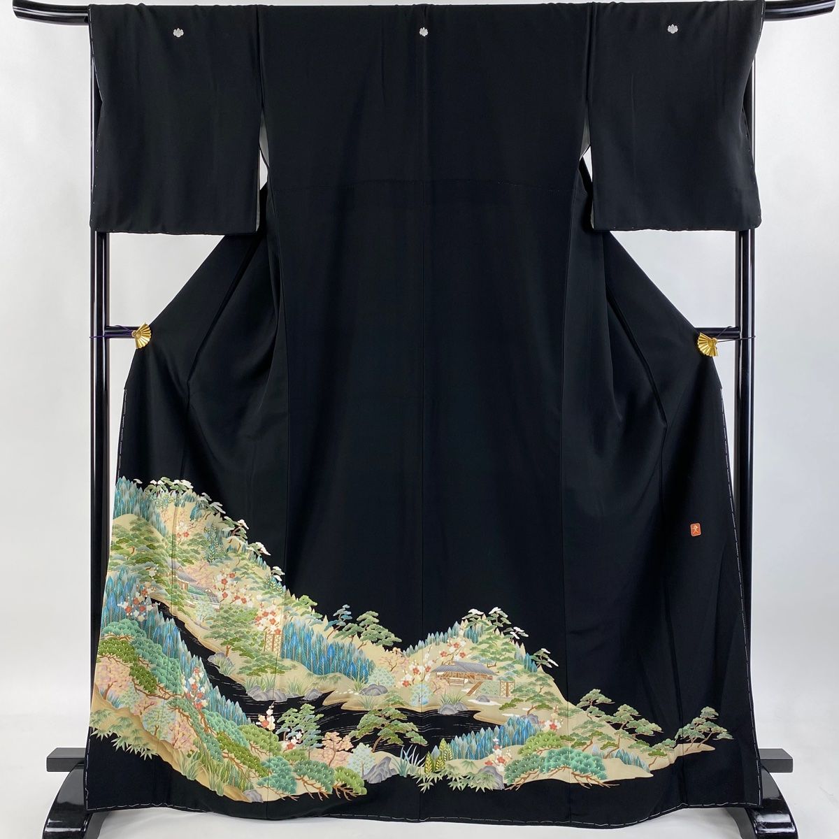 黒留袖 身丈167.5cm 裄丈68cm L 袷 落款 家屋 松竹梅 黒 正絹 秀品