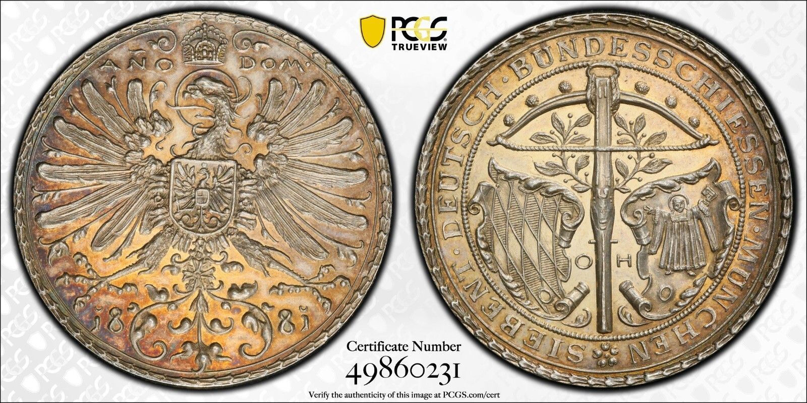 PCGS Saxony 1881 Shooting Medal SP63 Proof Unc Silver Munich Crossbow Germany