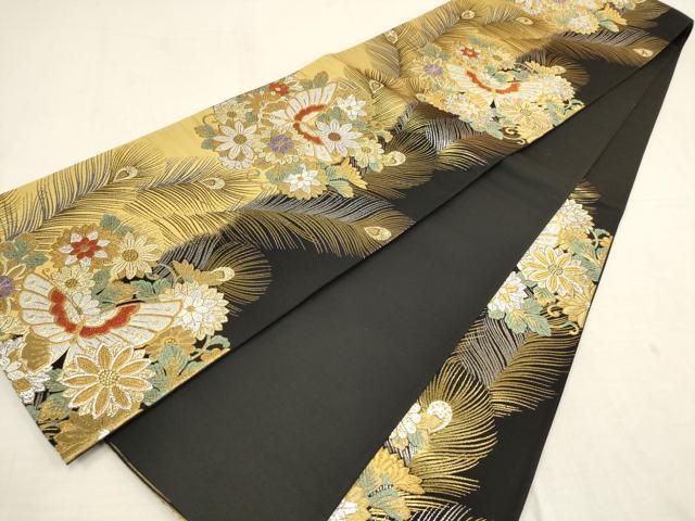 ZY-660 袋帯 唐織 蝶 黒地 金糸 銀糸 六通 正絹 高級 ZY-660 袋帯 唐織 蝶 黒地 金糸 銀糸 六通 正絹 高級の通販 by