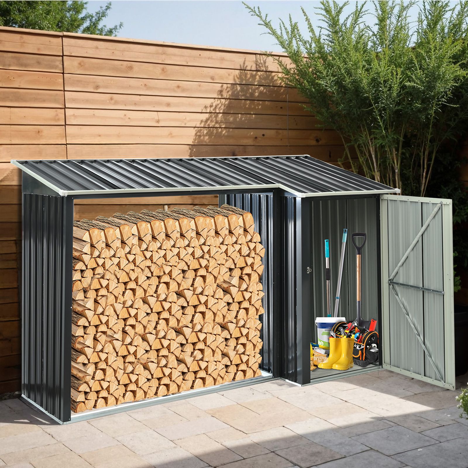 15 割 薪小屋&収納庫 L270xW92xH158cm 屋外 屋根付き 薪ラック 耐荷重300KG 物置 薪棚 薪ストッカー 薪置き棚 薪ストーブグッズ 薪 ラック 大型 軽量 チール製 ブラック