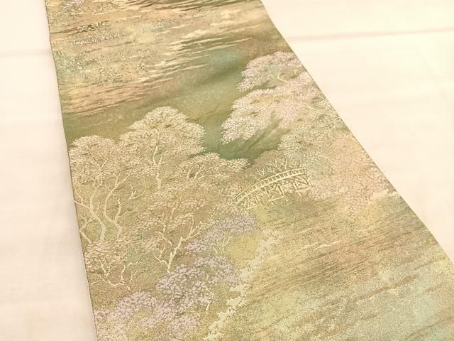 平和屋着物◎六通柄袋帯 渡橋風景文 金糸 正絹 逸品 BAAU7748hv
