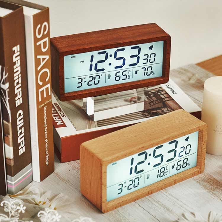 デジタル置き時計 卓上 目覚まし 木製 見やすい 数字表示 LCD 夜光 温度表示 日付 カレンダー 湿度 電池式 アラーム 目覚まし時計 持ち運び リビング ナチュラル シンプル インテリア#pdd7159