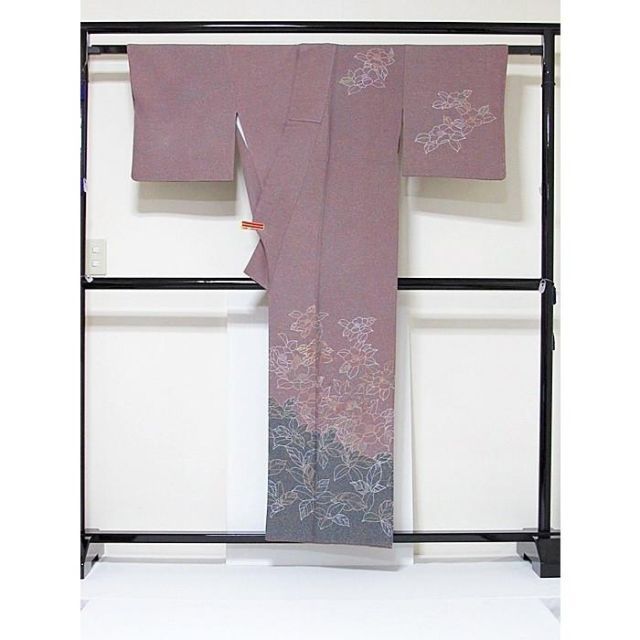 未使用】附下げ 袷 変わり縮緬 椿 パープル系(多色)☆155cm前後ベスト 