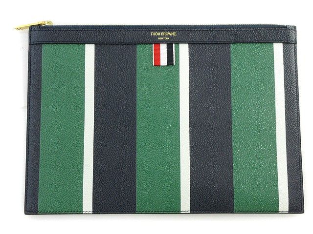 中古】トムブラウン THOM BROWNE スモール ジップ ドキュメントホルダー クラッチバッグ ストライプ ペブルグレインレザー ネイビー