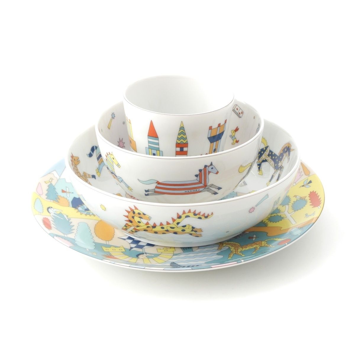 HERMES - エルメス エポペ キッズ デザートプレート シリアルプレート ボウル タンブラー 食器 4点セット ホワイト【中古】 HERMES - エルメス エポペ キッズ デザートプレート シリアル