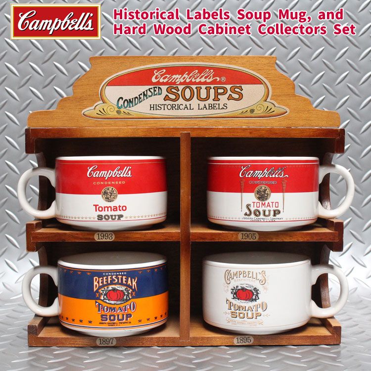 キャンベル ヒストリカルラベルマグ4点とディスプレイ用木製キャビネット コレクティブル セット Campbell s ライセンス商品 ビンテージ