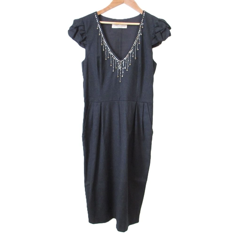 Blumarine ブルマリン ビジュー装飾 ウール ストレッチ フレンチリーブワンピース 44 グレー レディース 古着