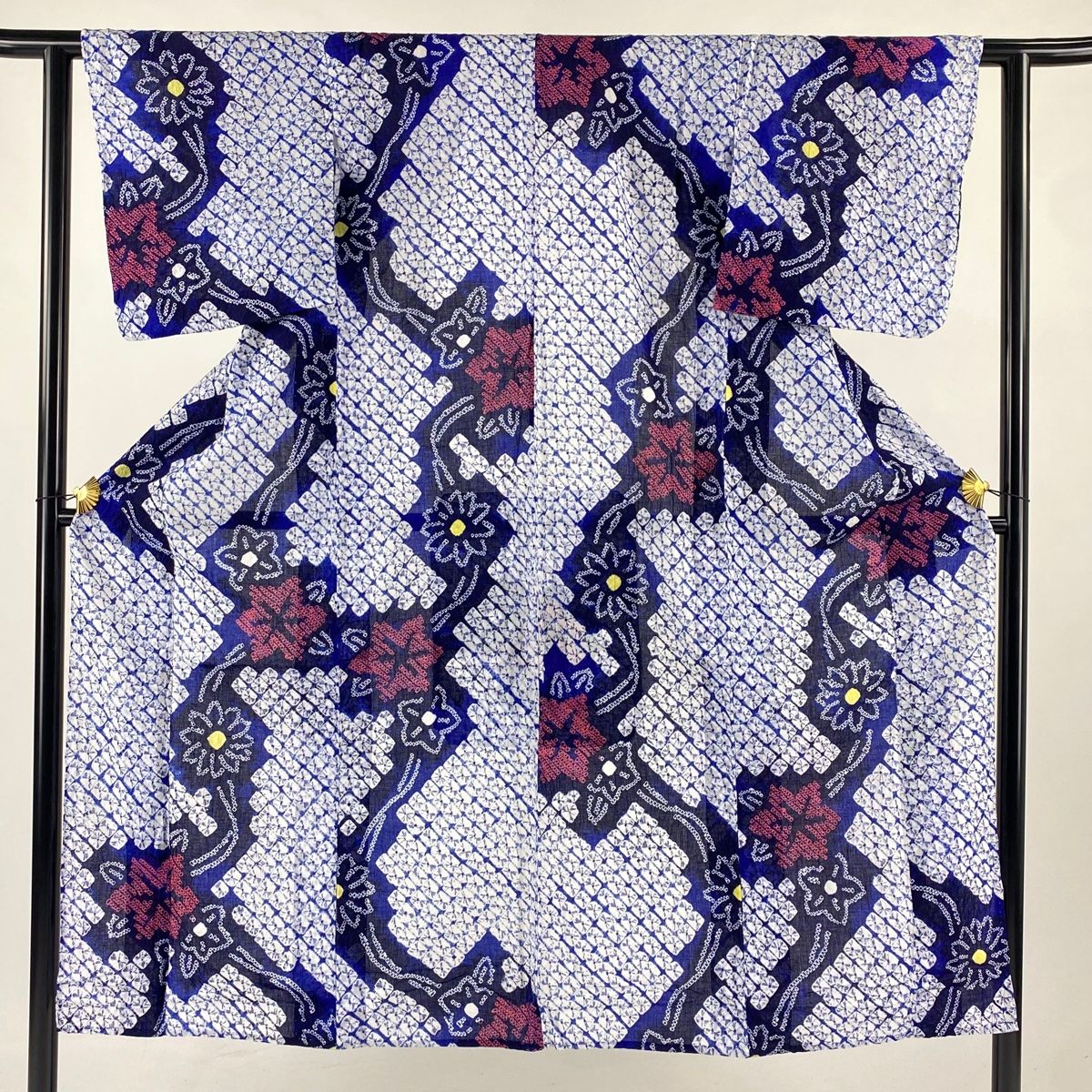 浴衣 身丈144cm 裄丈61cm S 絞り浴衣 草花 青 綿 名品