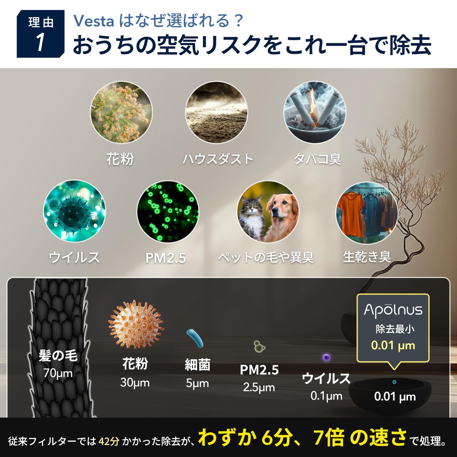 フィット感のある Apolnus アポルナス Vesta ベスタ 空気清浄機 フィルター交換不要 業界最速6分で99.9 除去 36畳対応 iCS静電集じん 強力脱臭 除菌 花粉 PM2.5 ウイルス アレルゲン ペット臭 24dB静音 スマホ連携 省エネ 水洗い… 集中的な