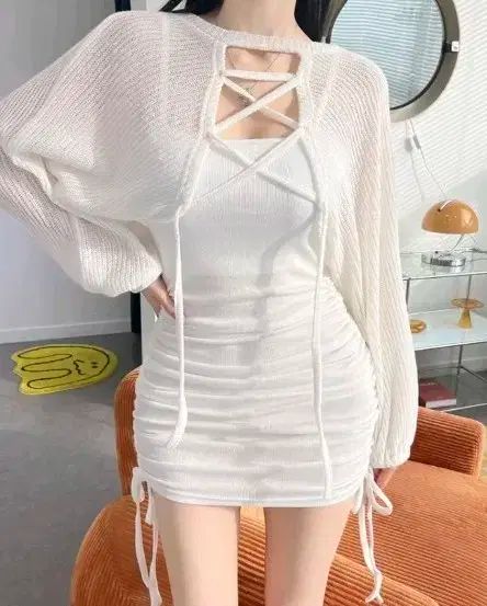 ボレロドレスセット セットアップ シャーリングワンピース アイレットボレロ コルセットカーディガン