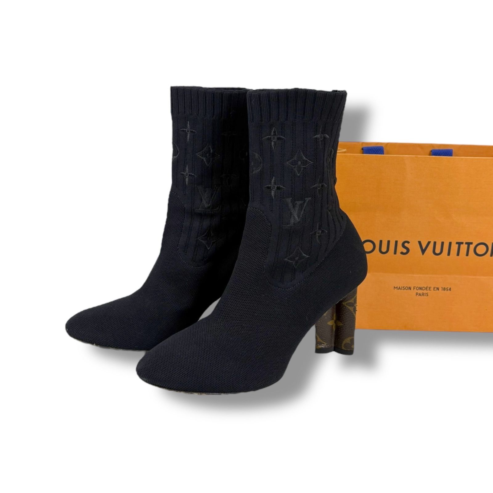 ルイヴィトン LOUIS VUITTON シルエットライン ショートブーツ アンクルブーツ ソックスブーツ ブラック 黒 ブラウン モノグラムレザー