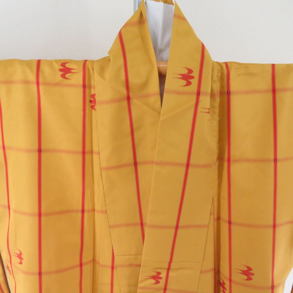 紬 着物 アンサンブル 道中着付 格子文様 袷 バチ衿 黄色 正絹