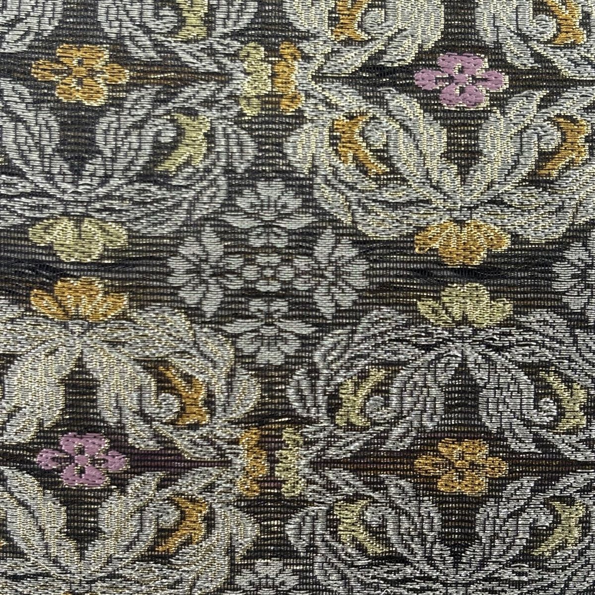 袋帯 龍村美術織物 落款 花葉 草花 金銀糸 箔 黒 六通 正絹