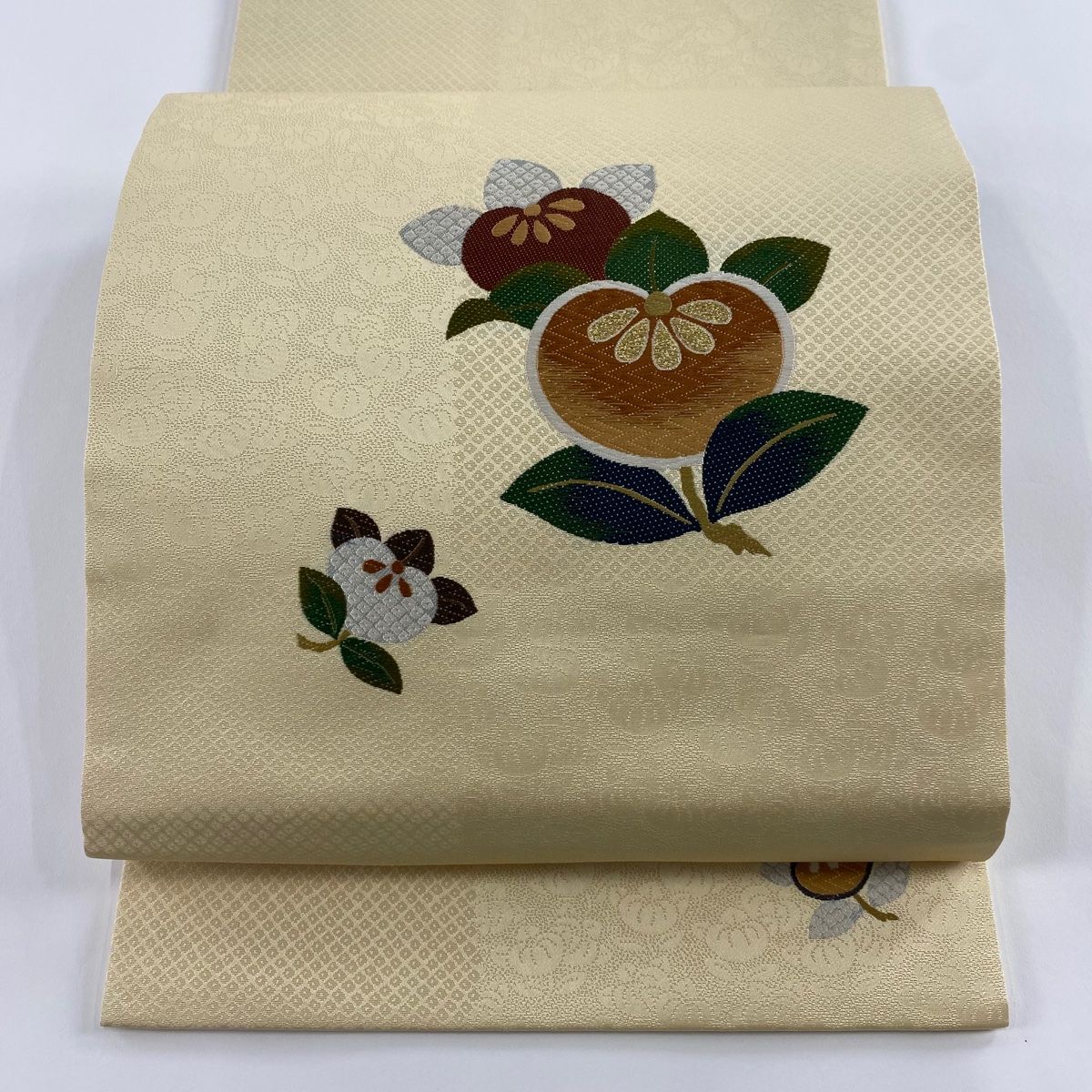 美品】 開き名古屋帯 秀品 橘 地紋 金糸 唐織 ベージュ 正絹 【中古