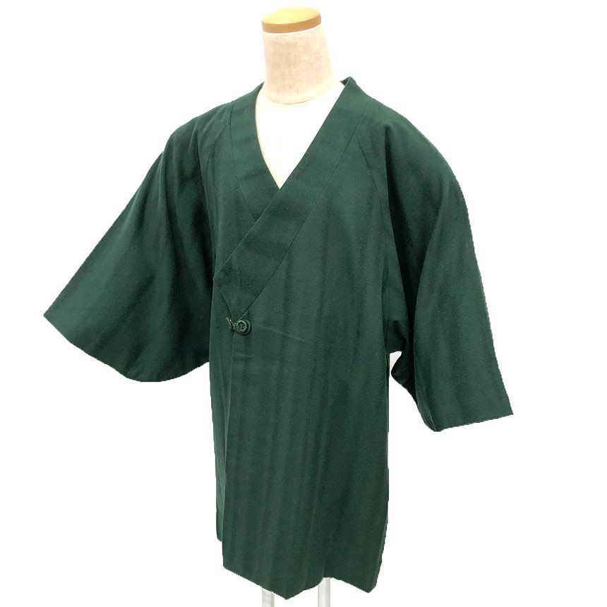 京やM448 着物コート 和装冬コート ウールコート 袷仕立て ラグラン袖 船底袖 道中着衿仕立て グリーン フォーマル カジュアル兼用 オンワード梶山謹製 きわだち 仕立て上がり 道行 道中着 羽織 リサイクル着物